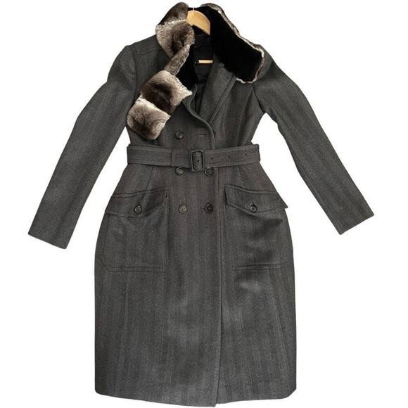 Burberry Prorsum Gray Wool Herringbone Double Breasted Mink Collar Peacoat IT 42 - Picture 4 of 15